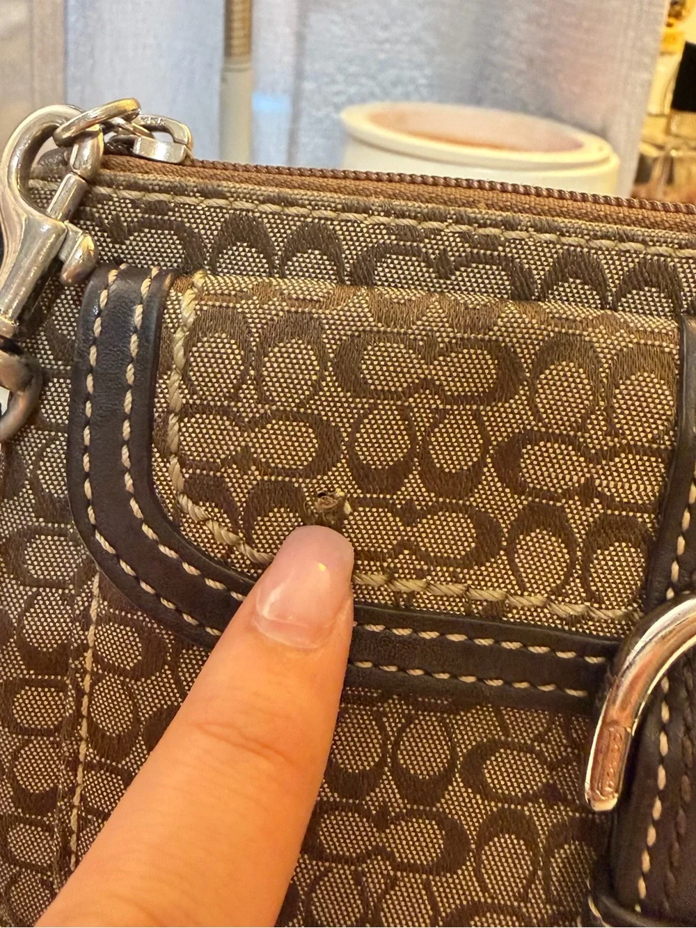 Coach Brown and Black Signature Canvas Wristlet with Buckle Detail